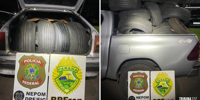 BPFRON e NEPOM apreendem veículos carregados com cigarros e pneus contrabandeados do Paraguai em Foz do Iguaçu